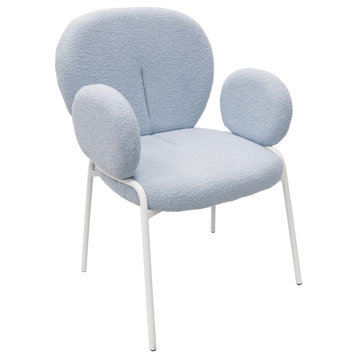 Celestial Boucle Dining Chairs With Arms, White Iron Legs, Blue