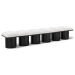 Meridian Furniture - Pavilion Black Boucle Fabric Bench, Cream, Black Finish, 93" W X 18" D X 17.5" H - Bring valuable seating and remarkable style to your space with this cream Pavilion Boucle Fabric Bench, an exquisite balance of style and usability for the entryway, bedroom, and beyond. Crafted from oak veneer with a black finish, this bench has a 4-inch-thick seat cushion that's channel-tufted for a touch of luxury. The bench's columnar bases add a dash of Art Deco design, making it a captivating focal point in any room.