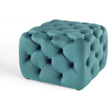 Tufted Accent Chair Ottoman, Square, Velvet, Blue, Modern, Lounge Hospitality