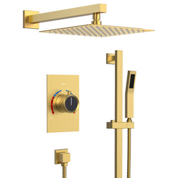 Modern Rain Shower System with Slide Bar Hand Shower Pressure Balance Valve, Brushed Gold, 10"