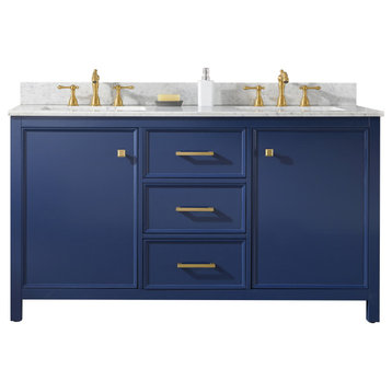 60" Blue Finish Double Sink Vanity Cabinet, Carrara White Top, Blue