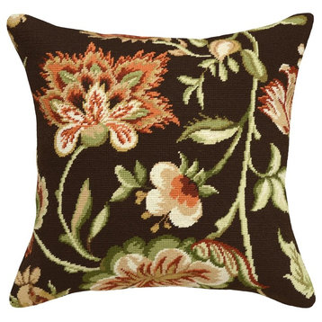 Throw Pillow Jacobean Floral Flowers 20x20 Brown Poly Rayon Insert