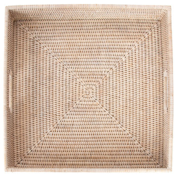 Artifacts Rattan™ Square Ottoman Tray with Cutout Handles, White Wash, 16"x16