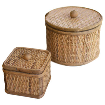 Modern Natural Cane Woven Boxes 2-Piece Set Circle/Square Container