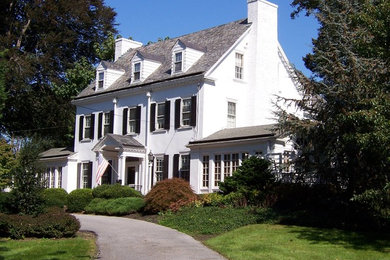 Inspiration for a large white two-story exterior home remodel in Philadelphia