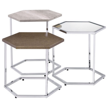 Simno Nesting Tables, Clear Glass, Taupe, Gray Washed and Chrome Finish
