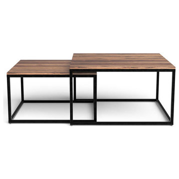 Set Of 2 Squared Off Natural Wood Nesting Coffee Tables