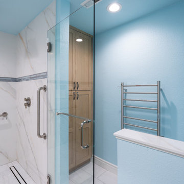 Coastal Modern Bathroom Remodel with Light Oak Vanity and Walk-In Glass Shower