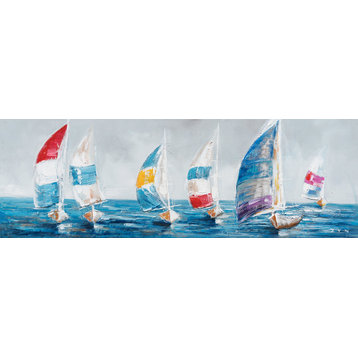"Colorful Sailboats I" Hand Painted Canvas Art, 60"x20"