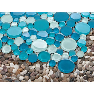 12"x12"X5/16" Glass Mosaic Tile, Bubble Collection, Ocean, Mixed Rounds, Set of