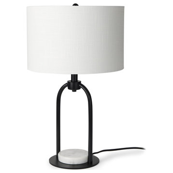 Sarah Arched Black Metal With Marble Cube and White Shade Table Lamp