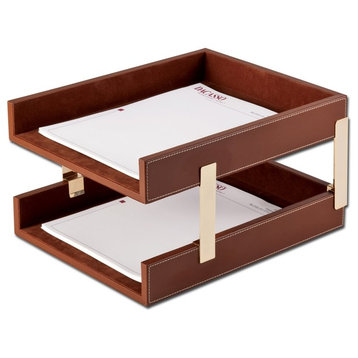 A3220 Rustic Brown Leather Double Letter Trays