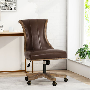 Andrea Contemporary Upholstered Roll Back Swivel Office Chair, Dark Brown/Natural, Faux Leather