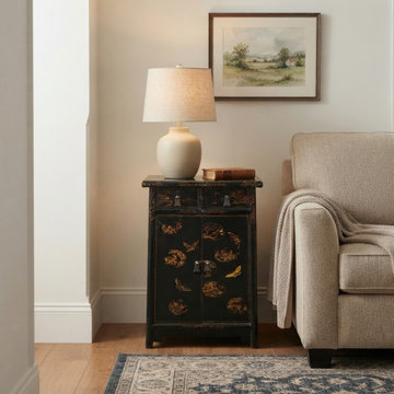Distressed Black Golden Floral Graphic Tall Side End Table Cabinet ws4992