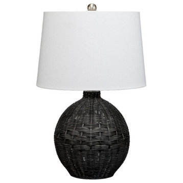 Contemporary Woven Black Rattan Round Table Lamp 23 in Coastal Casual Ball
