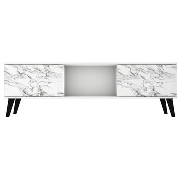 Doyers 62" TV Stand, White and Marble Stamp