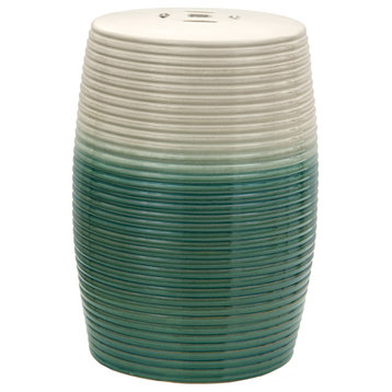 18" Beige and Green Ribbed Porcelain Garden Stool