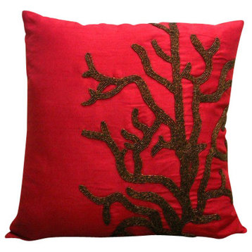 Beaded Corals 16"x16" Art Silk Red Throw Pillows Cover, Coral Rhapsody
