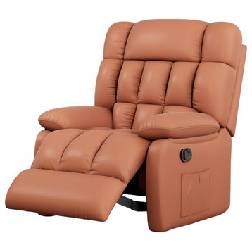 Ergonomic Recliner, Grid Tufted Faux Leather Seat & Side Pockets, Whiskey Brown
