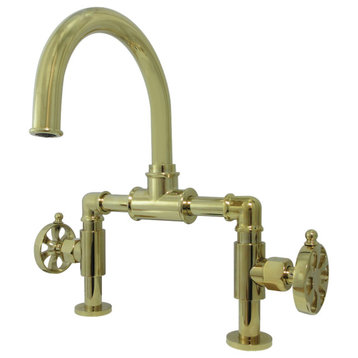 Belknap Style Wheel Handle Bridge Bathroom Faucet With Drain, Polished Brass