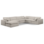 Meridian Furniture - Comfy Upholstered U-Shaped Modular Sectional, Beige, 7-Piece: 3 Armless Chair, 3 Corner Chair, 1 Ottoman, Linen Textured Fabric - Give your space a whole new look with this beige Comfy linen textured fabric sectional. This handsome sectional fits nicely with other items in the Comfy collection and is a versatile seating option designed for adaptability, comfort and style. Wrapped in rich beige durable linen textured fabric upholstery, this sectional offers a plush embrace of overstuffed down feather cushions, carefully crafted to deliver the highest level of comfort. The perfect seat for creating an oasis for relaxation, this sectional has thick foam surrounding its frame for added support and coziness.