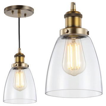 Cleo 5.5" Adjustable Metal and Glass Led Pendant, Brass Gold