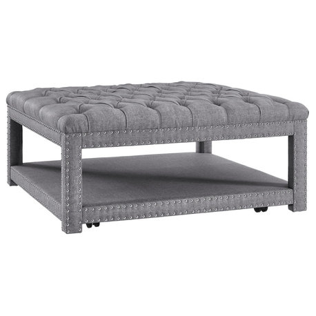 Modern Ottoman, Hardwood Frame & Lower Open Shelf With Nailhead Trim, Grey