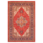 Bareens Designer Rugs - Southwestern Super Kazak Greg Red/Blue Wool Rug - 8'2'' x 10'2'' - Embellish your home with this exquisitely hand-knotted Kazak Rug made with the finest hand spun wool and all vegetable dyes. Demonstrating incredible attention to detail, this hand-knotted masterpiece features an intricate Kazak pattern in a classic color palette. Made in the Caucasian designs from Russia and the northern Persian empire, each Kazak incorporates distinctive tribal flavor with elements such as the stepped hooted polygons, geometrical medallions, animals and rosettes. The straight, clean lines and bold tones embody the weaving style of the Armenian and Afghani weavers known for these iconic designs. This magnificent rug featuring soft luscious pile and is made with handspun wool and natural dyes to produces soft luminous shades causing a beautiful sheen. With geometric designs and bold vibrant saturated colors predominately blues, reds, greens, and gold make a bold statement in any decor. The construction technique used ensures that the designs and colors Ae capable to withstand heavy traffic area.