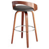 Sonia Swivel Faux Leather and Wood Stool, Gray and Walnut, Bar Height 30"