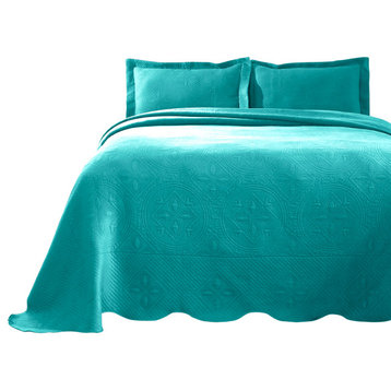 100% Cotton Geometric Luxury Quilted Bedspread, Peacock Blue, King