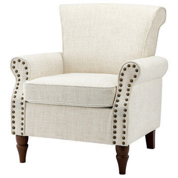 32.5" Wooden Upholstered Accent Chair With Arms, Ivory