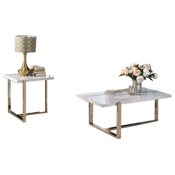 Benzara BM194439 Metal Framed Coffee Table with Faux Marble Top, White and Gold