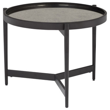 Estrade Modern Metal and Glass 22" Round Side Table in Black, Antiqued Mirror