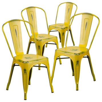 Distressed Yellow Metal Indoor Stackable Chairs, Set of 4