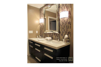 Bathroom - mid-sized contemporary master beige tile and porcelain tile porcelain tile bathroom idea in Other with an undermount sink, flat-panel cabinets, dark wood cabinets, quartz countertops, a one-piece toilet and beige walls
