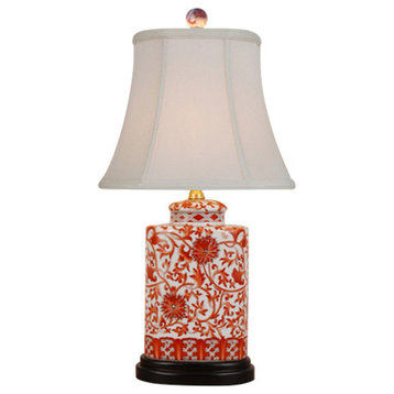 Floral Vines Porcelain Table Lamp, Orange and White