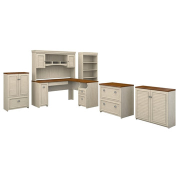 Scranton & Co Furniture Fairview L Desk 6 Pc Office Set in Antique White
