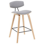 Armen Living - Fox Swivel Counter Height Bar Stool With Grey and Patterned Oak - Whether drawn up to a sleek kitchen island or rounding out your home bar with a perfect perch, the Fox Stool Collection delivers versatile seating with timeless modern style. This mid-century-inspired stool features a gently curved back and padded seat, designed with high-density foam for lasting comfort during long meals or casual lounging. The medium-high back provides just the right amount of support while promoting healthy posture. Framed in durable layered hardwood and paired with a powder-coated steel footrest, each stool balances style and function with ease. Upholstery options now include rich vegan leather or soft-touch performance fabric in a variety of finishes ' including speckled textures in brown and blue, and smooth woven fabrics in white, light blue, and grey. Frame finishes range from walnut and black brushed wood to patterned oak, giving you flexibility to match your aesthetic. Whether you lean classic, Scandinavian, or contemporary, the Fox stool adapts seamlessly to your space. Choose from counter height or bar height to suit your kitchen island, breakfast nook, dining area, or home bar. With its clean lines and supportive construction, Fox is built to elevate your space ' and built to last.