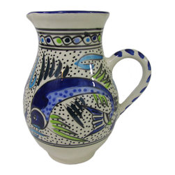 Le Souk Ceramique - Large Stoneware Pitcher Aqua Fish Design - Pitchers