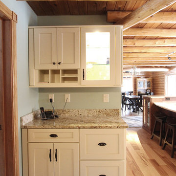 Log Cabin Rustic White Kitchen Cabinets with Granite and Wood Countertops