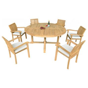 7-Piece Outdoor Patio Teak Dining Set, 72" Round Table, 6 Nain Stacking Chairs