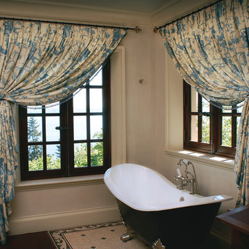 Vintage French chateau bathroom draperies