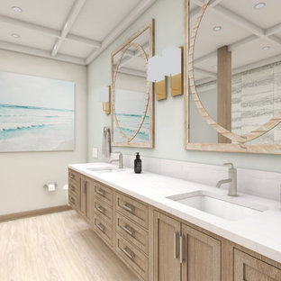 This is an example of a medium sized rural galley utility room in Chicago with a submerged sink, beaded cabinets, white cabinets, engineered stone countertops, beige walls, brick flooring, a side by side washer and dryer, pink floors and white worktops.