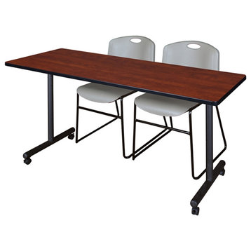 72" x 24" Kobe Mobile Training Table- Cherry & 2 Zeng Stack Chairs- Grey