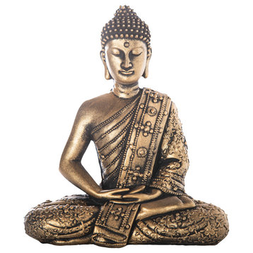 Cement Meditating Sash Buddha Figurine Distressed Concrete Gold Finish