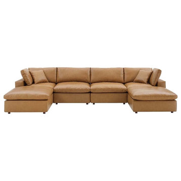 Pemberly Row 6-Piece Modern Faux Leather Sectional Sofa with Ottomans in Tan