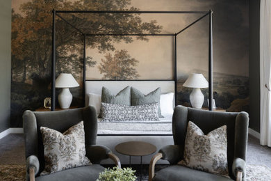 Mid-sized transitional master carpeted, gray floor and wallpaper bedroom photo in Phoenix with green walls and no fireplace