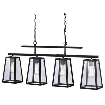 4-Light Antique Black Linear Island Chandelier With Clear Glass Shades Farmhouse