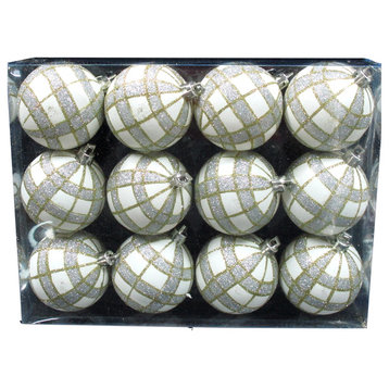 White Ball Ornament With Gold And Silver Plaid Design, 12-Pack