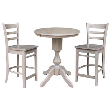30" Round Pedestal Counter Height Table with 2 Emily Stools, Washed Gray Taupe